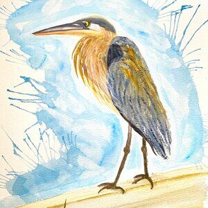 Great Blue Heron on the Dock Art Original Watercolor Painting 11x14in Matted